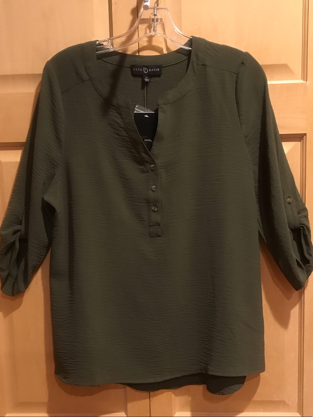 New Fred David Olive Green Button-Front Roll-Tab Tunic